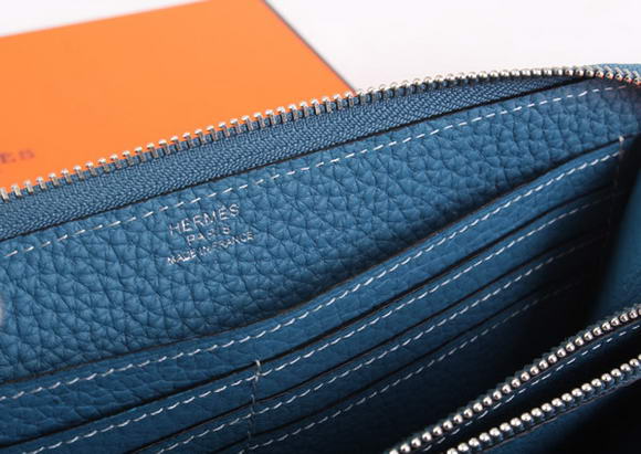 1:1 Quality Hermes Togo Leather Perforated Zippy Wallet 9032 Blue Replica - Click Image to Close